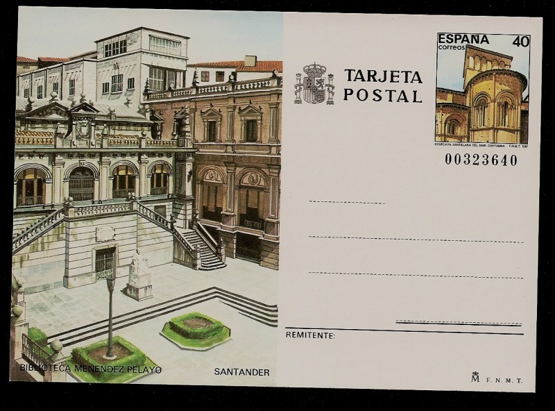 Tarjeta entero postal - Biblioteca Menéndez Pelayo+Colegiata Santillana de Mar