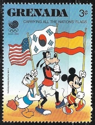Dibujos animados - Donald Duck, Goofy and Mickey Mouse carrying flags