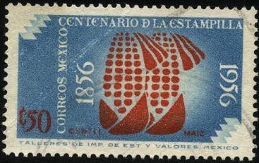 100 años de la estampilla mexicana. Dos mazorcas. 1856 1956.