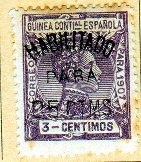 1907 Guinea: Alfonso XIII 3 c habilitado para 5 c Edifil 58U