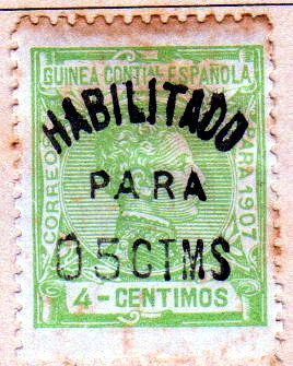 1907 Guinea: Alfonso XIII 4 c. habilitado para 5 c Edifil 58V