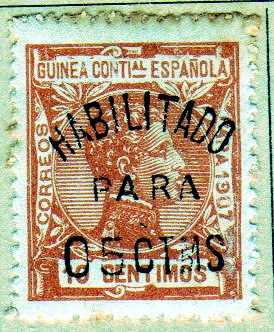 1907 Guinea: Alfonso XIII 10 c habilitado para 5 c Edifil 58X