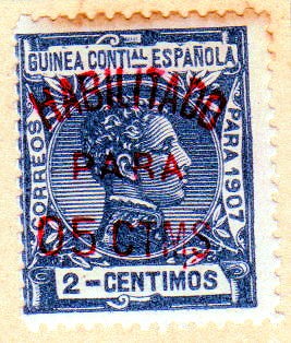 1907 Guinea: Alfonso XIII 2 c habilitado para 5 c Edifil 58T