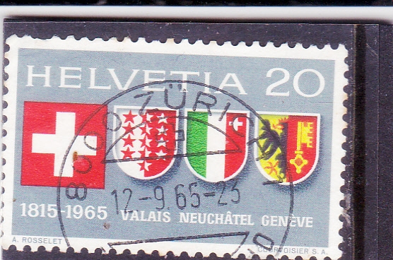 150 aniversario Escudo de armas suizo y de Valais, Neuchâtel y Ginebra