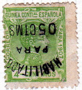 1907 Guinea: Alfonso XIII 4 c. habilitado para 5 c impresion invertida Edifil 58Vea