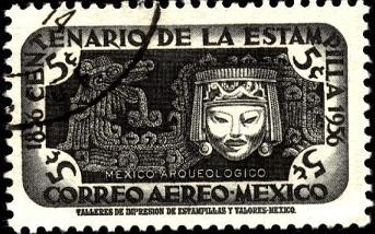 Quetzalcoatl, dios serpiente y máscara. Centenario de la estampilla en México. 1856 - 1956.