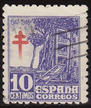 ESPAÑA 1947 1018 Sello Pro Tuberculosos con Cruz Lorena10c usado