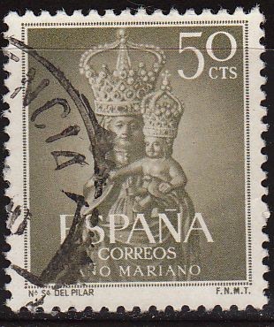 ESPAÑA 1954 1136 Sello Año Mariano Ntra. Sra. del Pilar Zaragoza 50c Usado