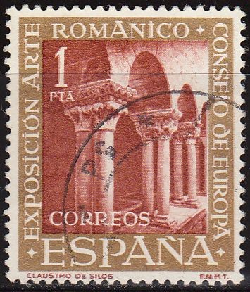 ESPAÑA 1961 1366 Sello VII Expo Consejo Europa Arte Románico Claustro Monasterio Silos usado Yv1035