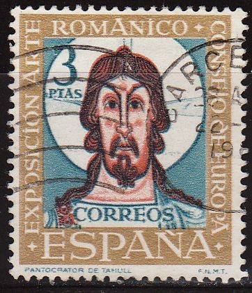 ESPAÑA 1961 1368 Sello VII Expo Consejo Europa Arte Románico Pantocrátor S. Clemente Tahull Usado