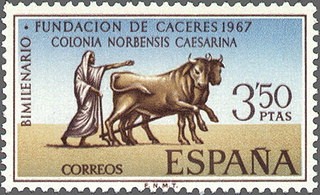 ESPAÑA 1967 1828 Sello Nuevo Fundacion de Caceres Fundación de la Ciudad c/señal charnela