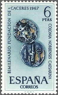 ESPAÑA 1967 1829 Sello Nuevo Fundacion de Caceres Denario Romano c/señal charnela