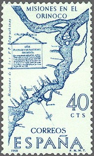 ESPAÑA 1968 1889 Sello Nuevo Forjadores de America Plano de las Misiones del Orinoco c/señal charnel