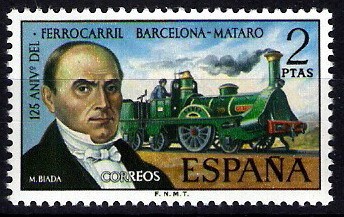 125 Aniv.º  del Ferrocarril Barcelona-Mataró. M. Biada y locomotora.
