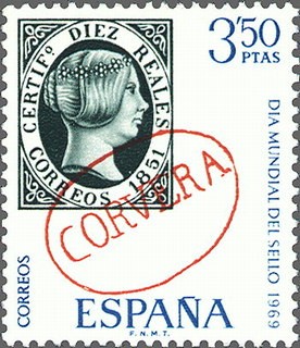 ESPAÑA 1969 1923 Sello Nuevo Dia Mundial del Sello Yv1574 Corvera 10 reales 1851