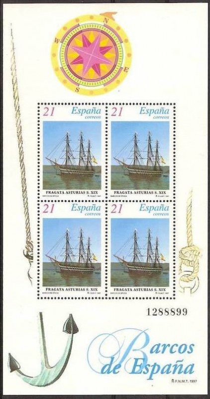 ESPAÑA 1997 3477 Sello Nuevo HB Barcos de Epoca Navio Fragata Asturias