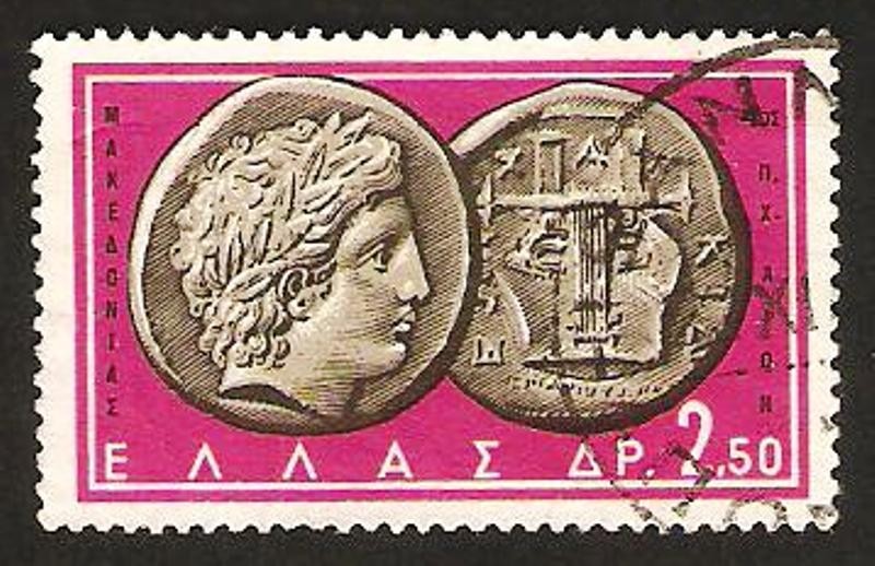 681 - Moneda antigua del siglo IV antes de J.C., representa al dios Apolo y una lira