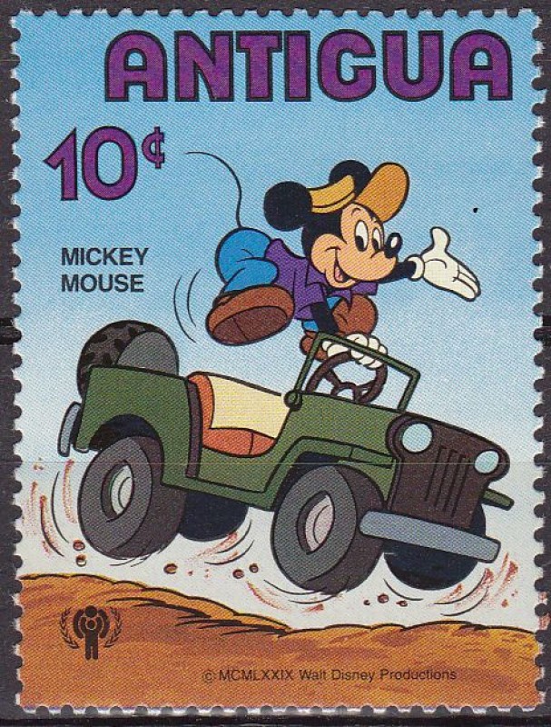 Antigua 1980 Scott568 Sello Nuevo Disney Transporte Mickey en Jeep