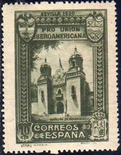 ESPAÑA 1930 569 Sello Nuevo Pro Union Iberoamericana Sevilla Pabellon de Colombia 10c