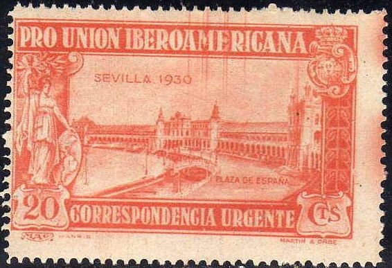 ESPAÑA 1930 582 Sello Nuevo Pro Union Iberoamericana Sevilla Urgente Plaza de España c/s charnela
