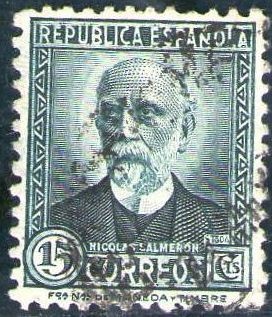 ESPAÑA 1931 657 Sello º Nicolás Salmeron 15c c/numero de control al dorso República Española
