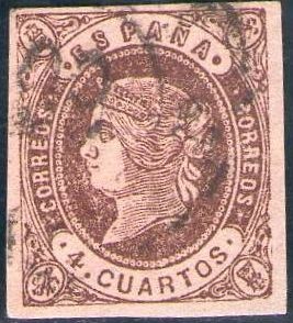 ESPAÑA 1862 58A Sello Isabel II Tipo II 4c Usado sin dentar