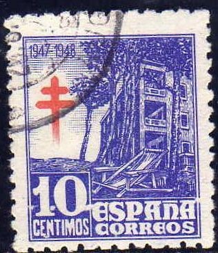 ESPAÑA 1947 1018 Sello Pro Tuberculosos con Cruz Lorena 10c usado