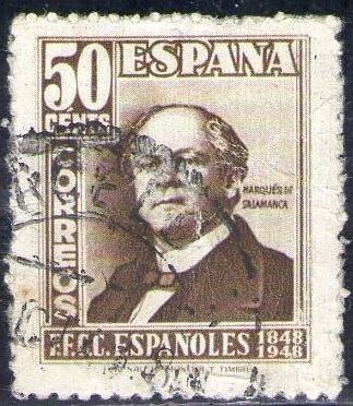 ESPAÑA 1948 1037 Sello Cent. Ferrocarril Marques de Salamanca 50c Usado