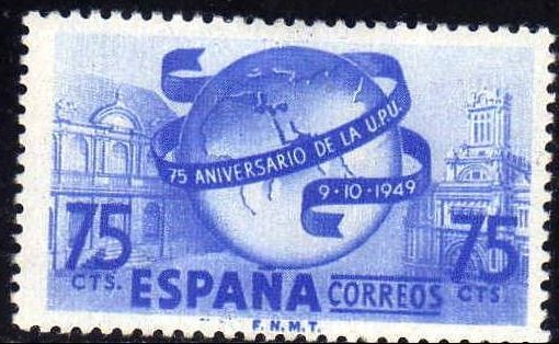 ESPAÑA 1949 1064 Sello Nuevo Aniv. Union Postal Universal Globo Terraqueo 75c c/charnela