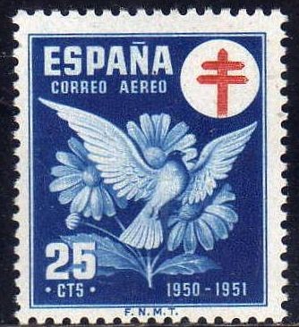 ESPAÑA 1950 1087 Sello Nuevo Pro tuberculosis Cruz de Lorena y Paloma Paz 25c