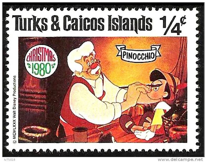 TURKS & CAICOS ISLANDS 1980 Scott442 Sello Nuevo Disney Escenas de Pinocchio Navidad 1/4c