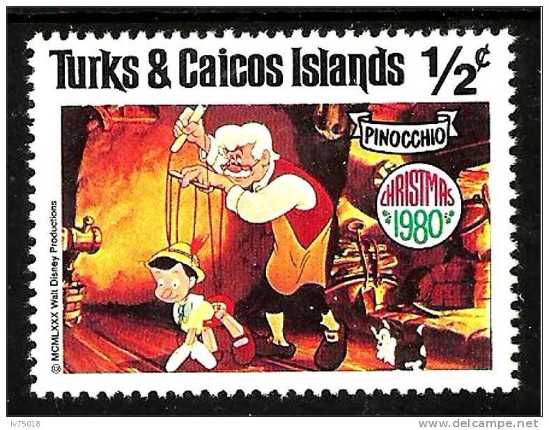 TURKS & CAICOS ISLANDS 1980 Scott443 Sello Nuevo Disney Escenas de Pinocchio Navidad 1/2c