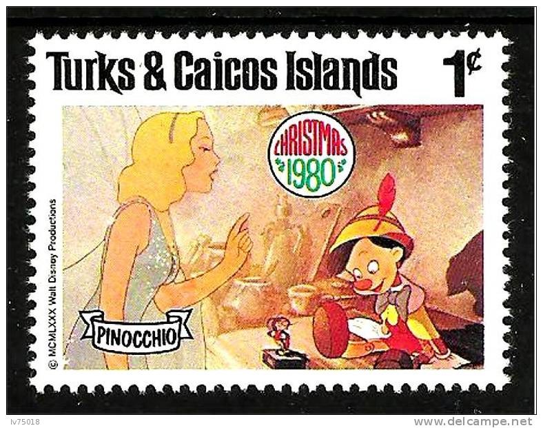 TURKS & CAICOS ISLANDS 1980 Scott444 Sello Nuevo Disney Escenas de Pinocchio Navidad 1c