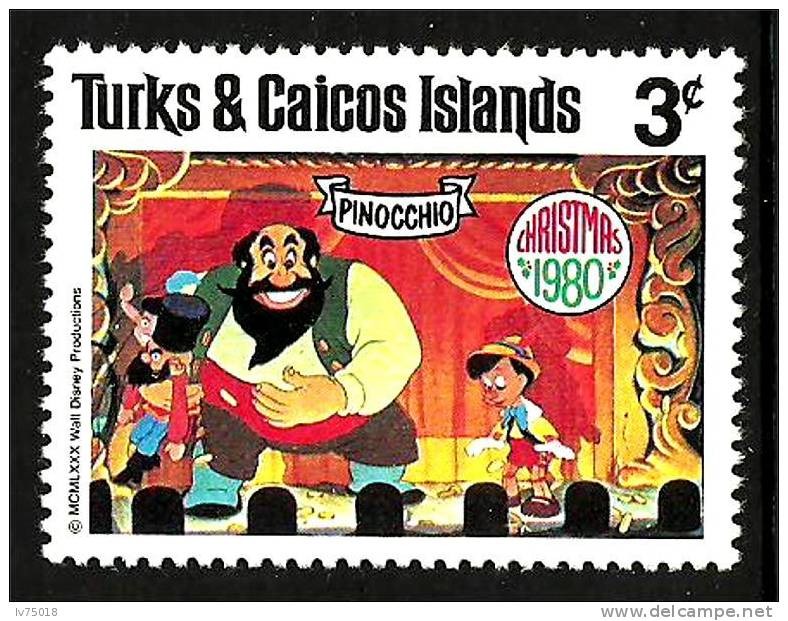 TURKS & CAICOS ISLANDS 1980 Scott462 Sello Nuevo Disney Escenas de Pinocchio Navidad 3c