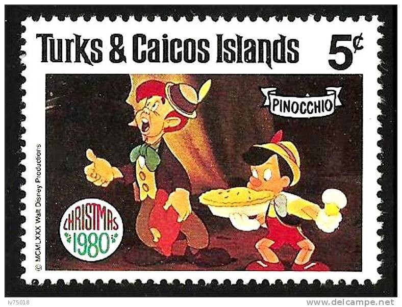 TURKS & CAICOS ISLANDS 1980 Scott448 Sello Nuevo Disney Escenas de Pinocchio Navidad 5c