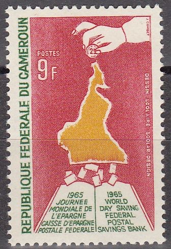 CAMERUN 1965 Scott 415 Sello Nuevo Coins Inserted in Map of Cameroun and Bankbook MNH