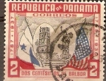 Stamps America - Panama -  BANDERAS  DE  PANAMÁ  Y  ESTADOS  UNIDOS,  ANTIGUA  CATEDRAL  Y  ESTATUA  DE  LA  LIBERTAD