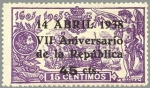 Stamps Spain -  ESPAÑA 1938 755 Sello Nuevo VII Aniversario de la Republica Habilitado 45c - 15c