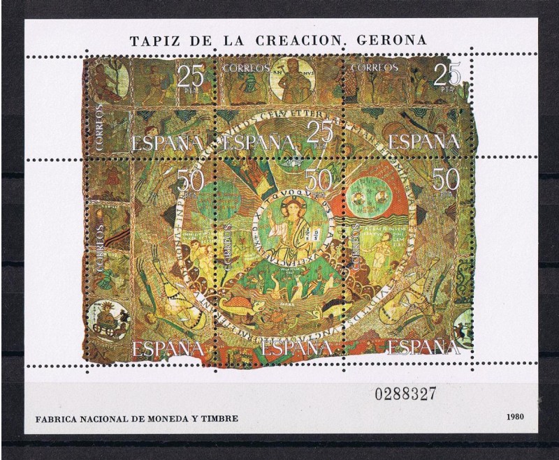 Edifil  2591  Tapiz de la Creación. Gerona  Hojita de 6 sellos