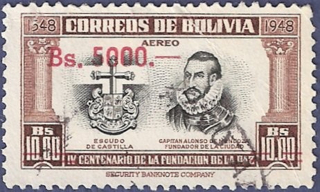BOLIVIA IV Centenario fundación La Paz 10 aéreo sobretasa