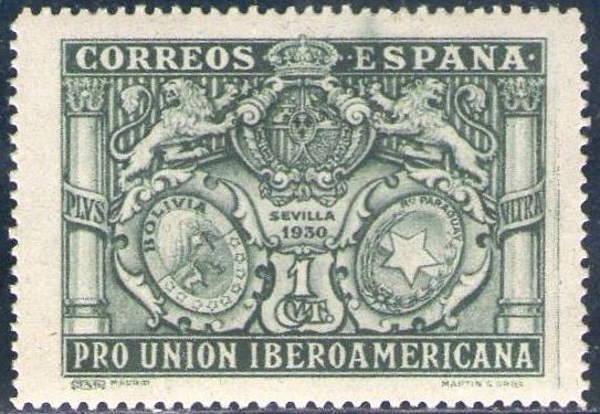 ESPAÑA 1930 566 Sello Nuevo Pro Union Iberoamericana Sevilla Escudos de España Bolivia y Paraguay 1c