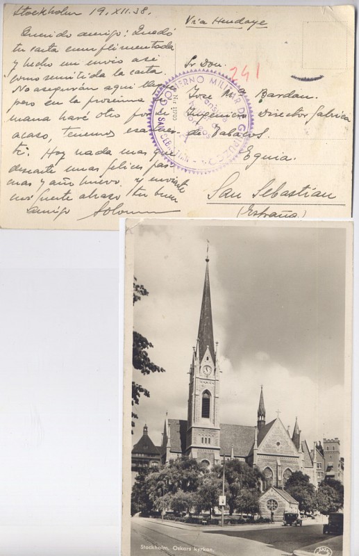 1938 GUERRA, CENSURA MILITAR DE GUIPUZCOA POSTAL DE ESTOCOLMO, SUECIA A SAN SEBASTIÁN, STOCKHOLM. OS
