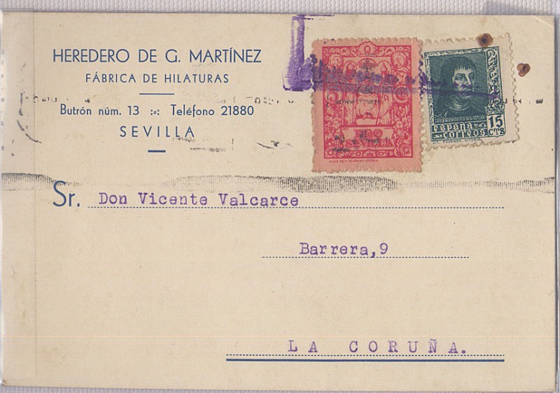 GUERRA CIVIL CENSURA MILITAR, TARJETA CIRCULADA Y ESCRITA POR DETRÁS, DE LA FÁBRICA DE HILATURAS HER