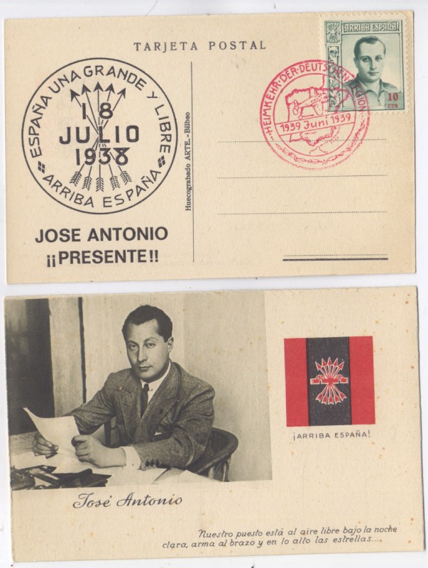RARA POSTAL HOMENAJE A LA LEGIÓN CÓNDOR, JOSE ANTONIO, FALANGE 1939, 1. 