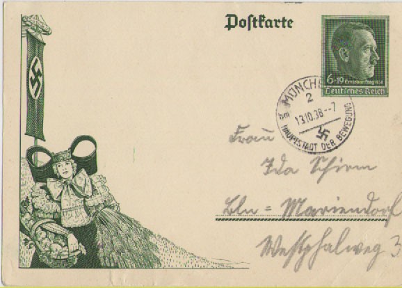 III REICH, 1938, ENTERO POSTAL HITLER, MUNICH CAPÌTAL DEL MOVIMIENTO NAZI, 13-10-38. DEUTSCHES REICH