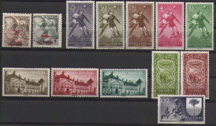 1949/1956, 13 SELLOS DE LA GUINEA ESPAÑOLA, FRANCO, SERIES COMPELTAS. NUEVOS CON GOMA. 