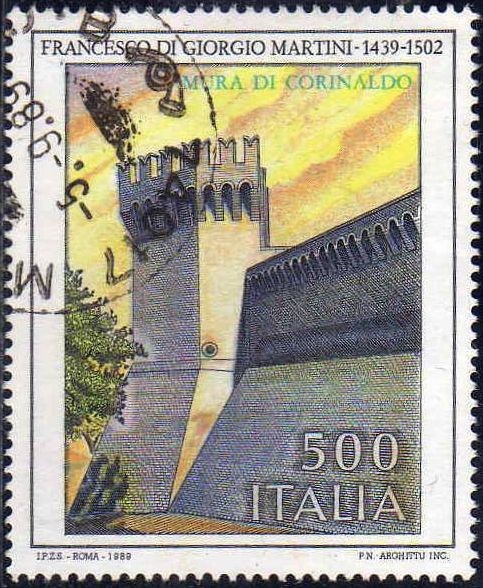 Italia 1989 Scott 1785 Sello Arquitectos Francesco di Giorgio Martini (1439-1502) Muro de Corinaldo 