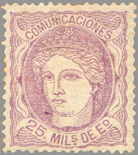 ESPAÑA 1870 106 Sello Nuevo Nuevo Regencia Duque de la Torre Efigie Alegorica 25ma Lila Palido 