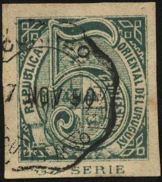 Sello cifra 5 centésimos, variedad dentro de las múltiples de 1866. 