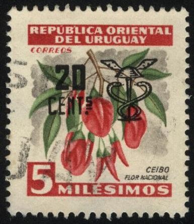 Flor Nacional del árbol de Ceibo.Sobreimpreso pétaso alado y caduceo, 